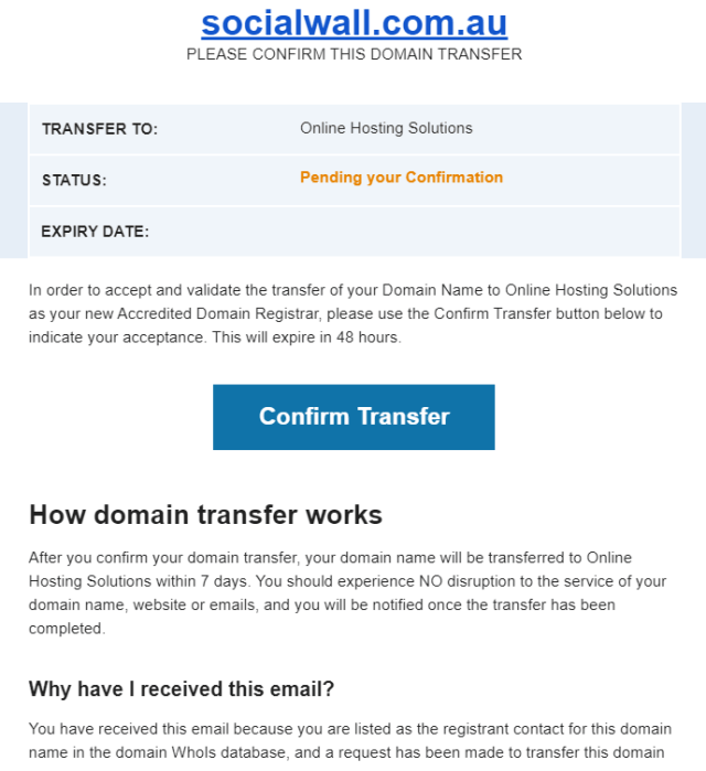 Online Hosting Solutions Domain Transfer Confirm Transfer